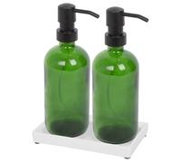 Harbour Housewares 2 Piece Green Glass Soap Dispenser Set with Ceramic Tray - 500ml Refillable Bottles with Black Pumps - Bathroom and Kitchen Accessories for Hand Wash, Lotion or Moisturiser