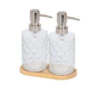 Harbour Housewares 2 Piece Prism Glass Soap Dispenser Set with Bamboo Tray - 330ml Diamond-Cut Refillable Bottles with Chrome Pumps - Bathroom and Kitchen Accessories for Hand Wash or Lotion