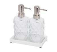 Harbour Housewares 2 Piece Prism Glass Soap Dispenser Set with Ceramic Tray - 330ml Diamond-Cut Refillable Bottles with Chrome Pumps - Bathroom and Kitchen Accessories for Hand Wash or Lotion