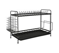 Harbour Housewares Metal 2-Tier Dish Drainer Rack with Drip Tray - Black - 1x Kitchen Sink Drying Draining Washing Up Plate Dishes Storage Board with Cutlery Utensil Holder