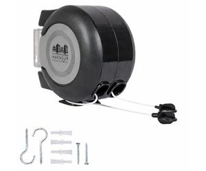 Harbour Housewares 2 x 15m Retractable Dual Cord Washing Line - Black Heavy Duty Wall Mounted Extendable Clothesline Twin Clothes Airer - Indoor Outdoor Laundry Drying Reel with Strong PVC Cords