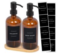 Harbour Housewares 2Pc Glass Soap Dispenser Set With Bamboo Tray & Labels - 500Ml - Amber/black Refillable Pump Bottles