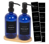 Harbour Housewares 2Pc Glass Soap Dispenser Set With Bamboo Tray & Labels - 500Ml - Blue/black