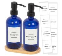 Harbour Housewares 2Pc Glass Soap Dispenser Set With Bamboo Tray & Labels - 500Ml - Blue/white
