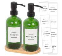 Harbour Housewares 2Pc Glass Soap Dispenser Set With Bamboo Tray & Labels - 500Ml - Green/white Refillable Pump Bottles