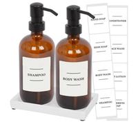 Harbour Housewares 2Pc Glass Soap Dispenser Set With Ceramic Tray & Labels - 500Ml - Amber/white Refillable Pump Bottles