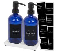Harbour Housewares 2Pc Glass Soap Dispenser Set With Ceramic Tray & Labels - 500Ml - Blue/black