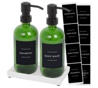 Harbour Housewares 2Pc Glass Soap Dispenser Set With Ceramic Tray & Labels - 500Ml - Green/black