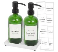 Harbour Housewares 2 Piece Glass Soap Dispenser Set with Ceramic Tray and Labels - 500ml Green Refillable Bottles with Black Pumps and White Labels - Bathroom Accessories for Hand Wash or Lotion