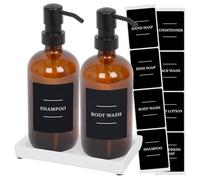 Harbour Housewares 2pc Glass Soap Dispenser with Ceramic Tray & Labels - Amber/Black - 500ml Refillable Soap Dispensers Hand and Dish Liquid Pump for Bathroom, Kitchen, Laundry Room