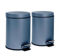 Harbour Housewares 2X Bathroom Pedal Bins - 3L - Matt Blue - Round Stainless Steel Slim Rubbish Dustbin Lid And Inner Liner Bucket