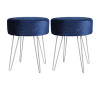 Harbour Housewares 2X Blue Velvet Footstools - Round Ottomans With Silver Base - Pack Of 2