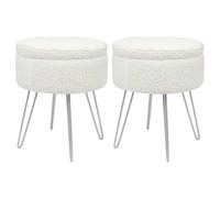 Harbour Housewares 2X Boucle Storage Footstools - Round Modern Dressing Table Footstool Vanity Seat Chairs - 46 X 37Cm Silver Legs