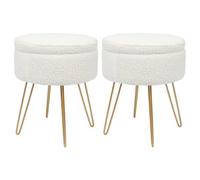 Harbour Housewares 2X Boucle Storage Footstools - Round Modern Dressing Table Footstool Vanity Seat Chairs - 46 X 37Cm Gold Legs