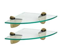 Harbour Housewares 2X Floating Glass Corner Shelves - 20Cm - Gold Brackets - Bathroom Shower Storage Vanity Display Unit Shelf