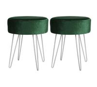 Harbour Housewares 2X Green Velvet Footstools - Round Ottomans With Silver Base - Pack Of 2