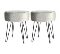 Harbour Housewares 2X Grey Velvet Footstools - Round Ottomans With Black Base - Pack Of 2