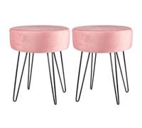 Harbour Housewares 2X Pink Velvet Footstools - Round Ottomans With Black Base - Pack Of 2
