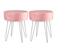 Harbour Housewares 2X Pink Velvet Footstools - Round Ottomans With Silver Base - Pack Of 2
