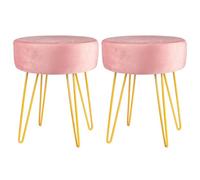 Harbour Housewares 2X Velvet Footstools - Round Modern Dressing Table Footstool Vanity Seat Chairs - 40 X 35Cm - Pink/gold
