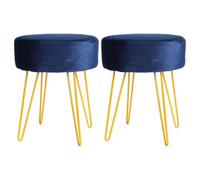 Harbour Housewares 2X Velvet Footstools - Round Modern Dressing Table Footstool Vanity Seat Chairs - 40 X 35Cm - Blue/gold