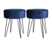 Harbour Housewares 2X Velvet Footstools - Round Modern Dressing Table Footstool Vanity Seat Chairs - 40 X 35Cm - Blue/black
