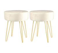 Harbour Housewares 2X Velvet Footstools - Round Modern Dressing Table Footstool Vanity Seat Chairs - 40 X 35Cm - Cream/gold