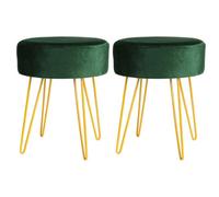 Harbour Housewares 2X Velvet Footstools - Round Modern Dressing Table Footstool Vanity Seat Chairs - 40 X 35Cm - Green/gold