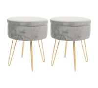 Harbour Housewares 2X Velvet Storage Footstools - Round Modern Dressing Table Footstool Vanity Seat Chair - 45 X 36Cm Grey/gold