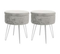 Harbour Housewares 2X Velvet Storage Footstools - Round Modern Dressing Table Footstool Vanity Seat Chair - 45 X 36Cm Grey/silver