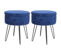Harbour Housewares 2X Velvet Storage Footstools - Round Modern Dressing Table Footstool Vanity Seat Chair - 45 X 36Cm Blue/black