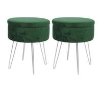 Harbour Housewares 2X Velvet Storage Footstools - Round Modern Dressing Table Footstool Vanity Seat Chair - 45 X 36Cm Green/silver
