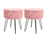 Harbour Housewares 2X Velvet Storage Footstools - Round Modern Dressing Table Footstool Vanity Seat Chair - 45 X 36Cm Pink/black