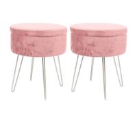 Harbour Housewares 2X Velvet Storage Footstools - Round Modern Dressing Table Footstool Vanity Seat Chair - 45 X 36Cm Pink/silver