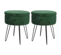 Harbour Housewares 2X Velvet Storage Footstools - Round Modern Dressing Table Footstool Vanity Seat Chair - 45 X 36Cm Green/black