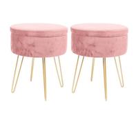 Harbour Housewares 2X Velvet Storage Footstools - Round Modern Dressing Table Footstool Vanity Seat Chair - 45 X 36Cm Pink/gold
