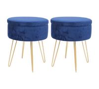 Harbour Housewares 2X Velvet Storage Footstools - Round Modern Dressing Table Footstool Vanity Seat Chair - 45 X 36Cm Blue/gold