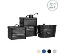 Harbour Housewares 3 Piece Utility Canisters Set - Black - Vintage Metal Home Kitchen Canister Tin Box Utility Laundry Storage