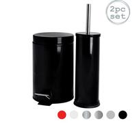 Harbour Housewares 3L Bathroom Bin & Brush Set - Black - Round Stainless Steel Slim Trashcan Pedal Bin & Toilet Brush Set