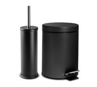 Harbour Housewares 3L Bathroom Bin & Brush Set - Matt Black - Round Stainless Steel Slim Trashcan Pedal Bin & Toilet Brush Set