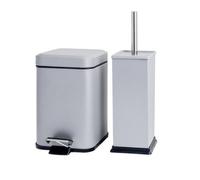 Harbour Housewares 3L Bathroom Bin & Brush Set - Matt Grey - Square Stainless Steel Slim Trashcan Pedal Bin & Toilet Brush Set
