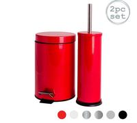 Harbour Housewares 3L Bathroom Bin & Brush Set - Red - Round Stainless Steel Slim Trashcan Pedal Bin & Toilet Brush Set