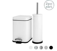Harbour Housewares 3L Bathroom Bin & Brush Set - White - Mismatched Stainless Steel Slim Trashcan Pedal Bin & Toilet Brush Set