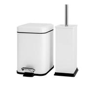Harbour Housewares 3L Bathroom Bin & Brush Set - White - Square Stainless Steel Slim Trashcan Pedal Bin & Toilet Brush Set