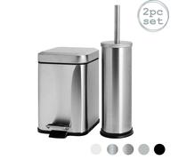 Harbour Housewares 3L Mismatched Bathroom Bin & Brush Set Slim Stainless Steel Toilet Set in Metallic Silver Harbour Housewares Metallic Silver