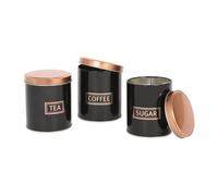Harbour Housewares 3Pc Tea Coffee Sugar Canister Set - Black/copper - Round Metal Airtight Kitchen Canister Tin Pots