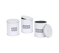 Harbour Housewares 3Pc Tea Coffee Sugar Canister Set - White - Round Metal Airtight Kitchen Canister Tin Pots