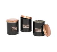 Harbour Housewares 3pc Tea Coffee Sugar Canisters Set - Black & Copper Round Metal Kitchen Storage Tins with Airtight Lids - Modern Industrial Food Caddy Containers for Countertop Organisation