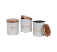 Harbour Housewares 3pc Tea Coffee Sugar Canisters Set - White & Copper Round Metal Kitchen Storage Tins with Airtight Lids - Modern Industrial Food Caddy Containers for Countertop Organisation