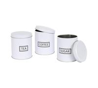 Harbour Housewares 3pc Tea Coffee Sugar Canisters Set - White Round Metal Kitchen Storage Tins with Airtight Lids - Modern Industrial Food Caddy Containers for Countertop Organisation